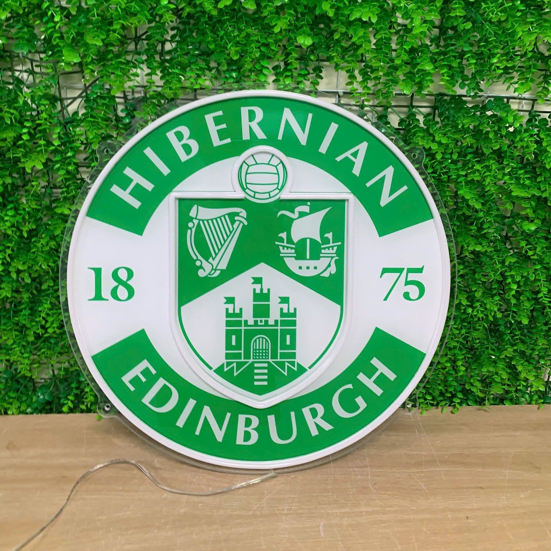 A circular Hibernian Edinburgh wall sign featuring the club crest in green and white, displayed against a green ivy-covered wall on a wooden surface.